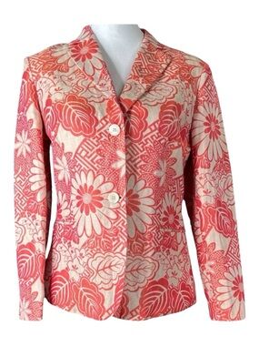 ESCADA SPORT Linen Blend Floral Blazer in Tan & Coral, Size 36/6.